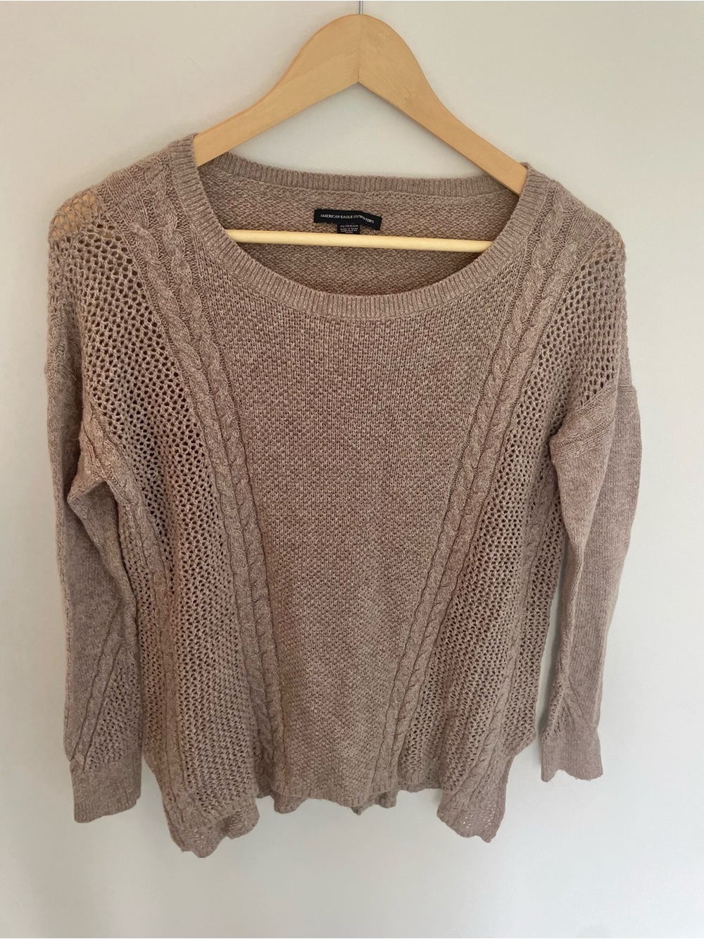 American Eagle Outfitters Open-Knit Cable Crewneck Sweater — Taupe